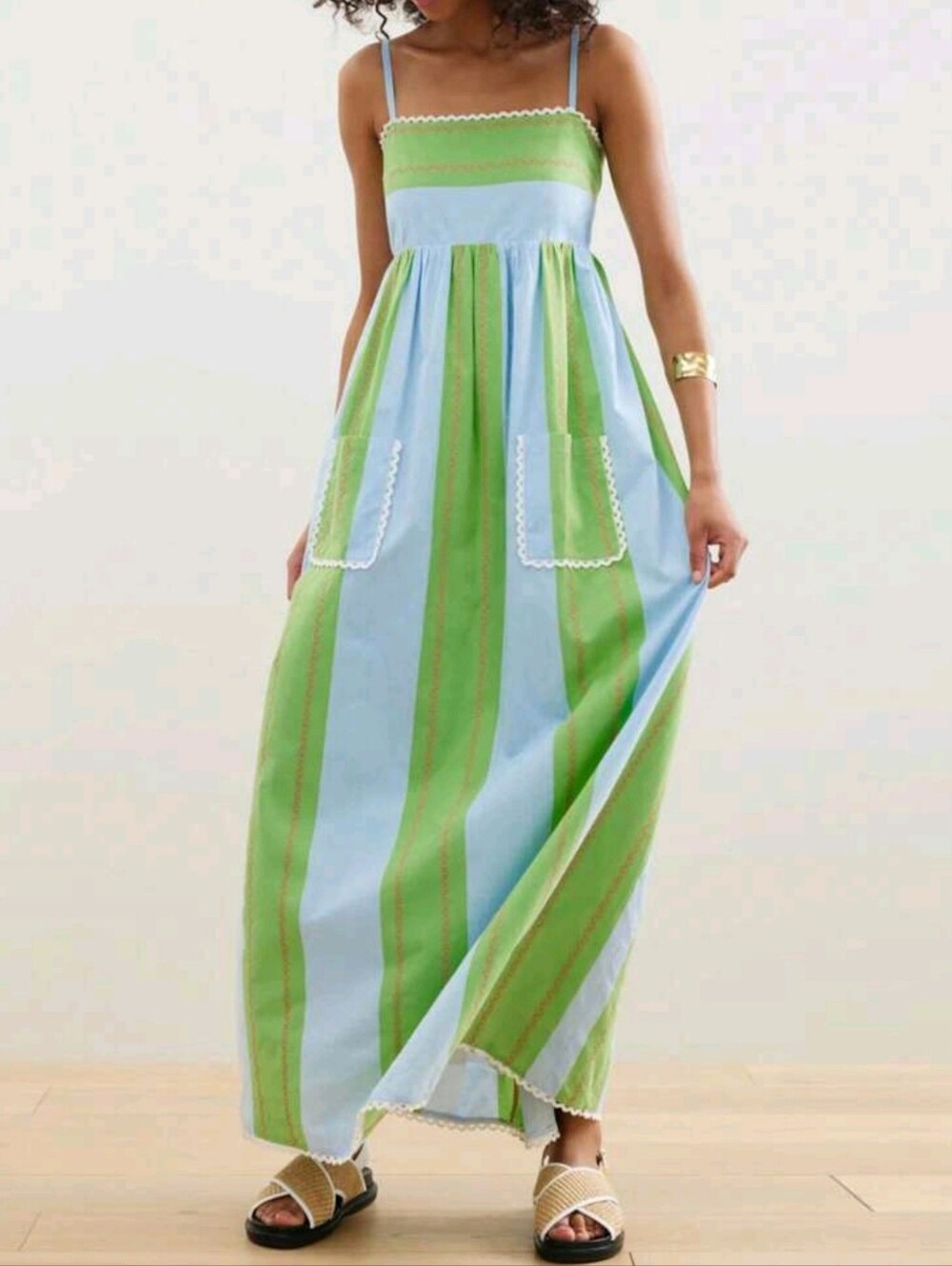 Womens Striped Long Dress Summer Sleeveless Spaghetti Strap Front Pocket Dress - Picture 3 of 5